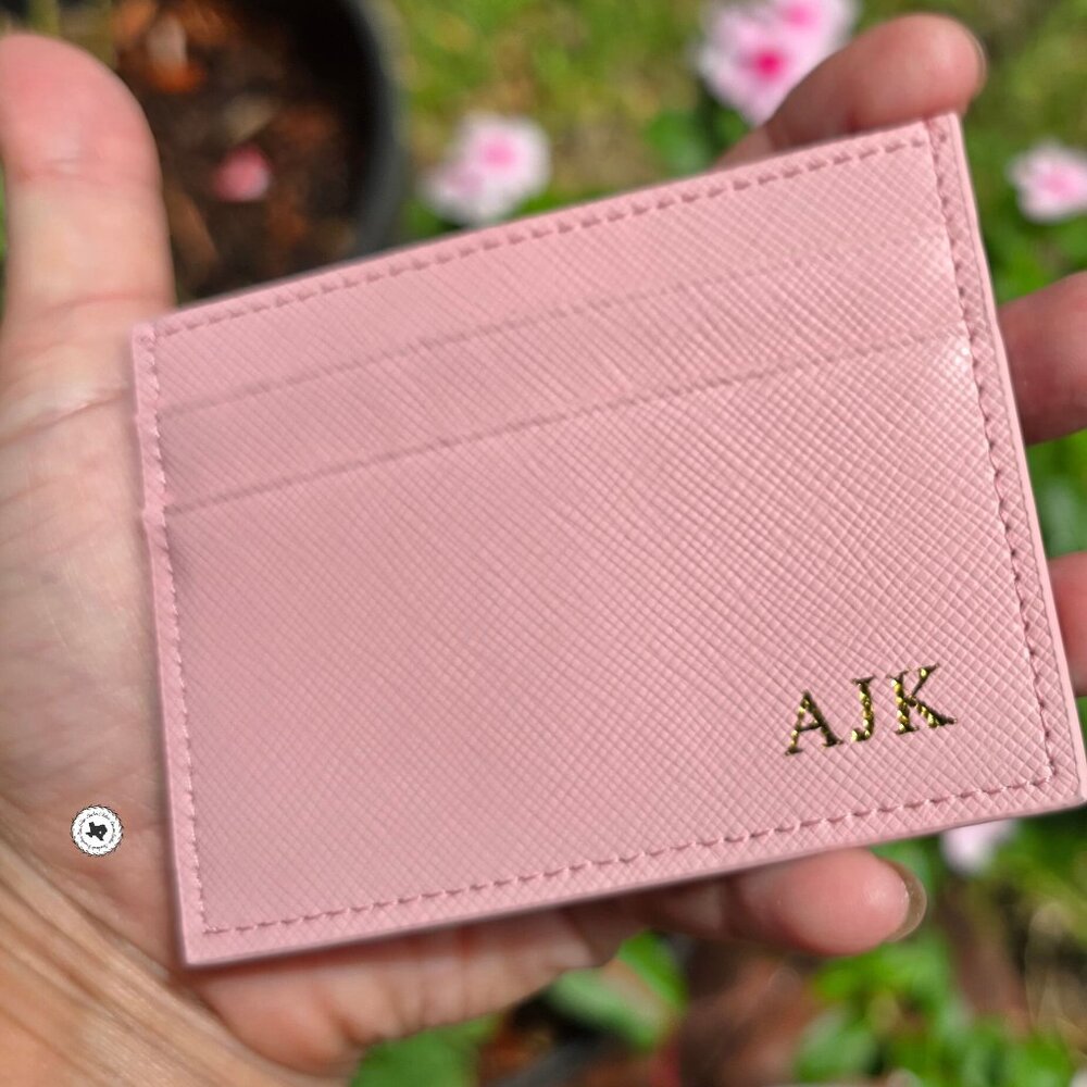 Personalized Monogram Soft Pink Saffiano Leather Minimalist Card Wallet
